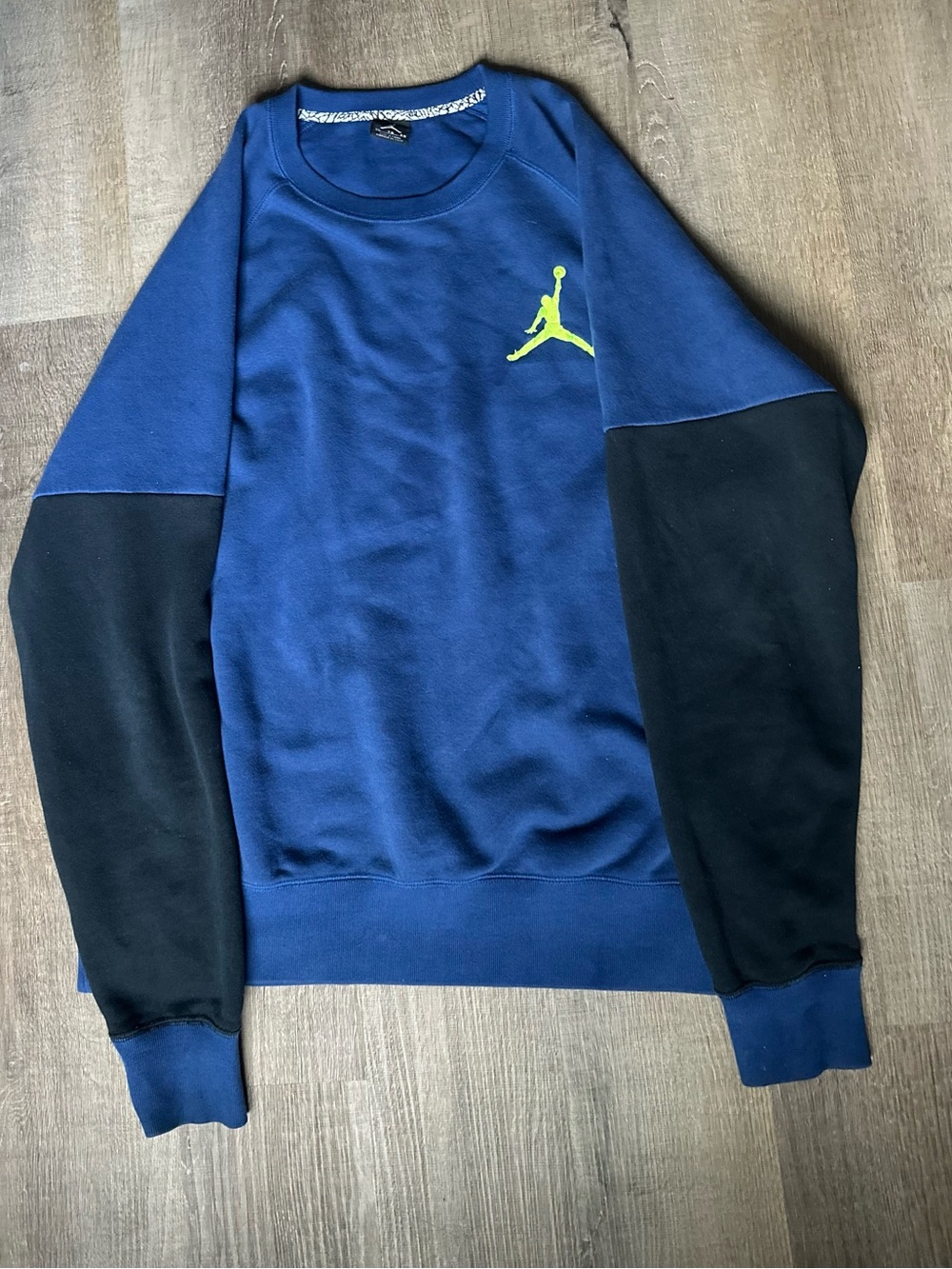 Jordan Blue Crewneck Sweatshirt with Black Sleeves & Neon Jumpman